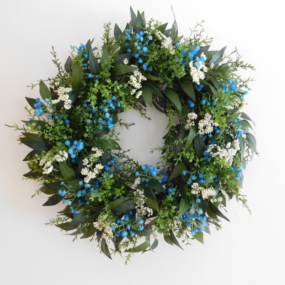 Artificial Year‎ Round Greenery Wreath Blue and White Flowers Housewarming Gift
